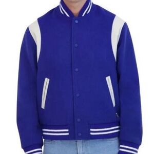 NWT HUDSON Mens Wool Varsity Bomber Jacket XL Royal Blue Ivory Faux Leather $248